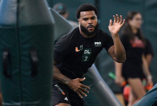 Miami defensive end Akheem Mesidor works out during the school's NFL Pro Day, Monday March 23, 2026. (AP Photo/Michael Laughlin)