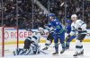 Vancouver Canucks' Linus Karlsson (94) celebrates his goal against Utah Mammoth goalie Karel Vejmelka (70) as Nick DeSimone (57) looks on during the first period of an NHL hockey game, in Vancouver, on Saturday, April 4, 2026. THE CANADIAN PRESS/Darryl Dyck