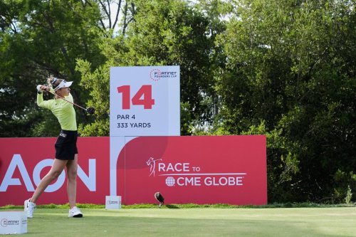 Nelly Korda, of the United States, hits from the 14th tee during the final round of the LPGA Fortinet Founders Cup golf tournament, Sunday, March 22, 2026, in Menlo Park, Calif. (AP Photo/Godofredo A. Vásquez)