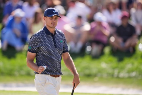Ludvig Aberg of Sweden reacts after a birdie on the ninth green during the third round of The Players Championship golf tournament Saturday, March 14, 2026, in Ponte Vedra Beach, Fla. (AP Photo/Gerald Herbert)