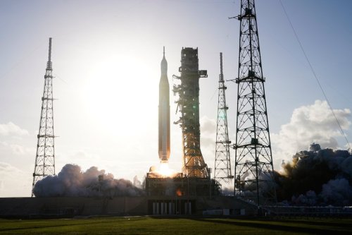 The NASA Artemis II SLS (Space Launch System) rocket with the Orion spacecraft launches at the Kennedy Space Center, Wednesday, April 1, 2026, in Cape Canaveral, Fla. (AP Photo/John Raoux)