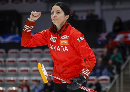 Team Canada skip Kerri Einarson reacts to her shot against Denmark at the World Women’s Curling Championship in Calgary on March 16, 2026. THE CANADIAN PRESS/Jeff McIntosh