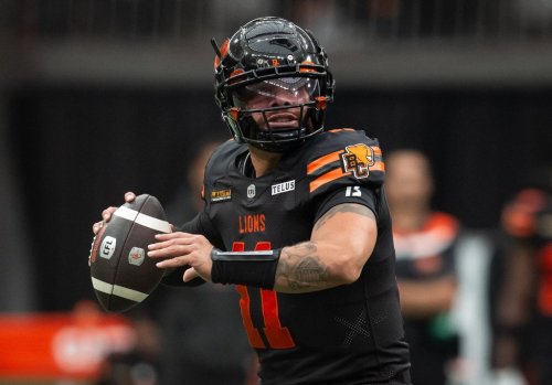 B.C. Lions quarterback Jeremiah Masoli (11) prepares to pass the ball against the Winnipeg Blue Bombers during the first half of a CFL football game in Vancouver, on Saturday, June 21, 2025. THE CANADIAN PRESS/Ethan Cairns
