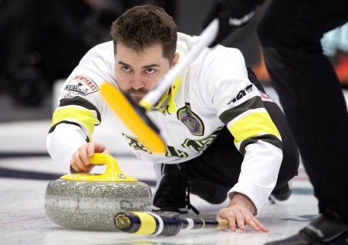 Matt Dunstone, skip of Team Manitoba-Dunstone releases his stone during Page 1 vs. 2 qualifiers at the Montana's Brier Canadian men's curling championship, in St. John's, N.L., on Friday, March 6, 2026. THE CANADIAN PRESS/Paul Daly