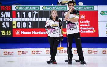Team Sahaidak/Lott skip Kadriana Sahaidak, left, and third Colton Lott discuss strategy as they play Team Schmiemann/Morris at the Canadian Mixed Doubles Curling Championship in Calgary, Alta., Wednesday, March 24, 2021.THE CANADIAN PRESS/Jeff McIntosh