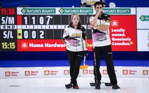 Team Sahaidak/Lott skip Kadriana Sahaidak, left, and third Colton Lott discuss strategy as they play Team Schmiemann/Morris at the Canadian Mixed Doubles Curling Championship in Calgary, Alta., Wednesday, March 24, 2021.THE CANADIAN PRESS/Jeff McIntosh