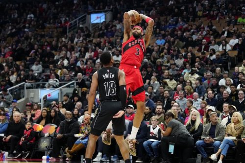 Toronto Raptors forward Brandon Ingram (3) takes a shot over Brooklyn Nets guard Malachi Smith (18) during first half NBA basketball action in Toronto, Sunday, April 12, 2026. THE CANADIAN PRESS/Frank Gunn
