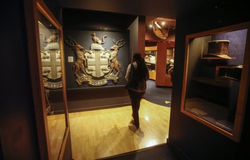 Artifacts and the Hudson's Bay Company coat of arms, displayed in the Kamloops store from 1957 to 1982, are displayed in the HBC Gallery in the Manitoba Museum in Winnipeg, Thursday, April 17, 2025. THE CANADIAN PRESS/John Woods