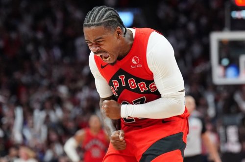 Toronto Raptors guard Jamal Shead (23) celebrates causing a turnover against the Cleveland Cavaliers during second half NBA playoff basketball action in Toronto on Sunday, April 26, 2026. THE CANADIAN PRESS/Frank Gunn