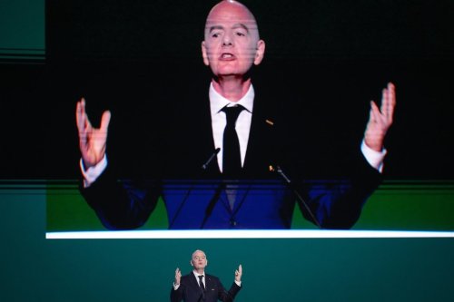 FIFA president Gianni Infantino addresses the 76th FIFA Congress, in Vancouver, on Thursday, April 30, 2026. THE CANADIAN PRESS/Darryl Dyck