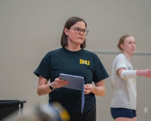 Kelly DeRoo is serving as interim head coach for the Brandon University women's volleyball team during Kailan Robinson&rsquo;s maternity leave, which will end in October before the 2026-27 Canada West regular season. (Aidan Froese/BU Athletics)