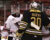 Calgary Hitmen goalie Eric Tu (31) prepares to embrace Brandon Wheat Kings netminder Filip Ruzicka (30) in the handshake line after Game 4 of their Western Hockey League quarterfinal series at Virden&rsquo;s Tundra Oil and Gas Place on Thursday. Calgary won 4-2 to sweep the series, with the two goalies both performing admirably. (Perry Bergson/The Brandon Sun) April 2, 2026