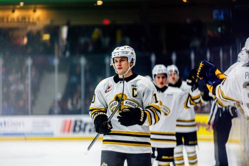 Brandon Wheat Kings captain Caleb Hadland (10) celebrates his goal against the Red Deer Rebels in Western Hockey League action at Marchant Crane Centrium on March 13 in his final trip to his adopted hometown. (Taylor Lachance/Red Deer Rebels)