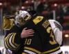 Brandon Wheat Kings netminder Filip Ruzicka (30) is comforted by his goalie partner Jayden Kraus (33) after Game 4 of their Western Hockey League quarterfinal series at Virden&rsquo;s Tundra Oil and Gas Place on April 2. The two proved to be a strong goaltending duo for Brandon. (Perry Bergson/The Brandon Sun)