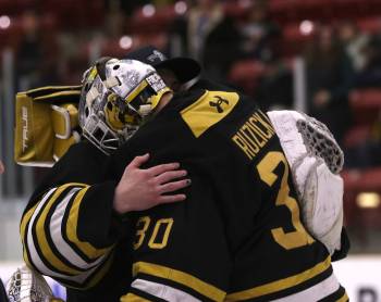 Brandon Wheat Kings netminder Filip Ruzicka (30) is comforted by his goalie partner Jayden Kraus (33) after Game 4 of their Western Hockey League quarterfinal series at Virden&rsquo;s Tundra Oil and Gas Place on April 2. The two proved to be a strong goaltending duo for Brandon. (Perry Bergson/The Brandon Sun)