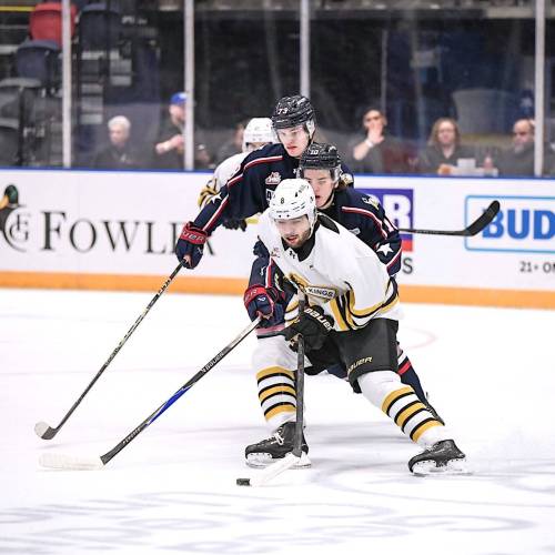 Brandon Wheat Kings forward Prabh Bhathal (8) handles the puck as Tri-City Americans defenceman Aiden Bouchard (10) and forward David Krcal (73) defend during Western Hockey League action at Toyota Center on Jan. 30. Bhathal, who had a goal and two assists in a 7-1 Brandon victory that night, was one of his team&rsquo;s most consistent players after Christmas. (John Keller/Tri-City Americans)