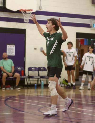 Grade 11 outside hitter Lucas Gamache celebrates a point during the Neelin Spartans volleyball season. The AAA provincial all-star is playing up with BVC&rsquo;s 18U team. (Thomas Friesen/The Brandon Sun)
