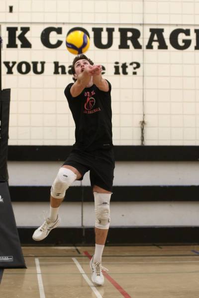 Dylan Granger passes a ball during BVC 18U boys practice on Tuesday. The Wawanesa product is heading to Assiniboine College for the 2026-27 MCAC men&rsquo;s volleyball season. (Thomas Friesen/The Brandon Sun)
