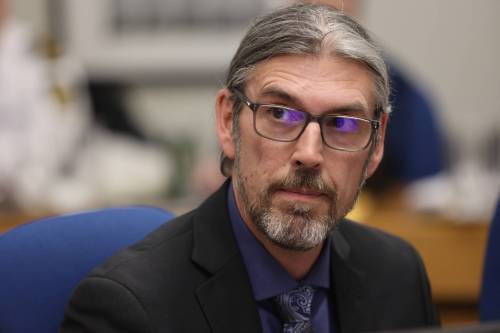Coun. Kris Desjarlais (Ward 2) poses a question to administration during a Brandon City Council meeting on Tuesday. Desjarlais said the city would benefit in the long term from a facility that&rsquo;s more substantial than a standalone washroom. (Photos by Alex Lambert/The Brandon Sun)