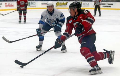 London Hoilett (11) of the Virden Oil Capitals darts to the circle in the offensive zone before firing off a shot against the Pistons during Game 2 action. (Cassidy Dankochik/The Carillon)