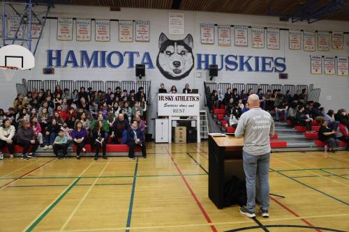 A crowd of students listens to Fred Fox speak during Thursday&rsquo;s presentation. (Alex Lambert/The Brandon Sun)