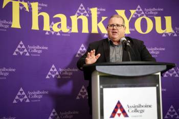 Mark Frison, president and CEO of Assiniboine College, speaks during the naming of The Bob Simmons Studio at the Assiniboine College Centre for Creative Media at the Victoria East campus on Friday. (Tim Smith/The Brandon Sun)