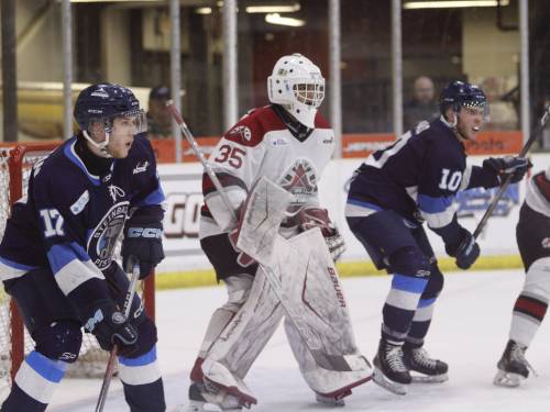 Oil Capitals goaltender Braxton Burdeny (35) squares up at the top of the blue paint late into third period action against the Steinbach Pistons in Game 6 of the MJHL semifinals at Tundra Oil & Gas Place on Sunday night. (Massimo De Luca-Taronno/The Brandon Sun)