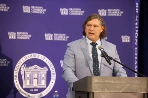 Brandon Mayor Jeff Fawcett delivers a keynote address during the Brandon Chamber of Commerce State of the City Luncheon at the Keystone Centre&rsquo;s UCT Pavilion on Thursday. (Tim Smith/The Brandon Sun)