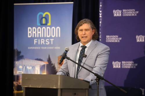 Brandon Mayor Jeff Fawcett delivers a keynote address during the Brandon Chamber of Commerce&rsquo;s State of the City luncheon at the Keystone Centre&rsquo;s UCT Pavilion on Thursday. (Tim Smith/The Brandon Sun)