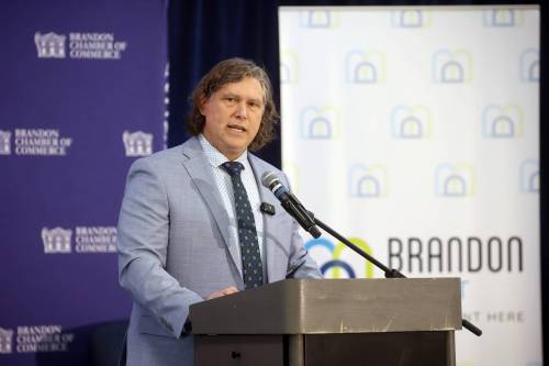 Brandon Mayor Jeff Fawcett delivers a keynote address during the Brandon Chamber of Commerce State of the City Luncheon at the Keystone Centre&rsquo;s UCT Pavilion on Thursday. (Tim Smith/The Brandon Sun files)