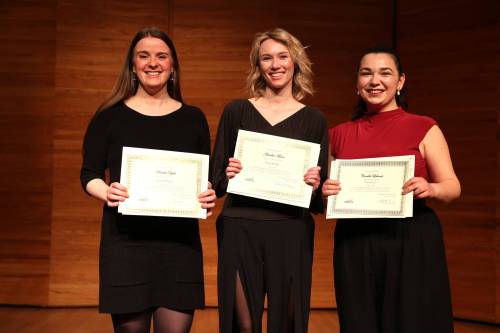 Forty-ninth Eckhardt-Gramatté National Music Competition first-place winners Aemilia Moser (centre) pose for a picture with second-place Kendra Dyck (left) and third-place Camille Labonté (right) after the competition in the Lorne Watson Recital Hall at Brandon University on Sunday afternoon. (Abiola Odutola/The Brandon Sun)