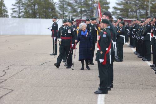 Canada&rsquo;s 26th governor general Adrienne Clarkson, who serves as colonel-in-chief of the 2nd Batallion, Princess Patricia&rsquo;s Canadian Light Infantry, inspects the 2PPCLI guard during the commemorative parade of the 75th anniversary of the Battle of Kapyong at Korea Parade Square in CFB Shilo on Saturday afternoon. (Photos by Abiola Odutola/The Brandon Sun)