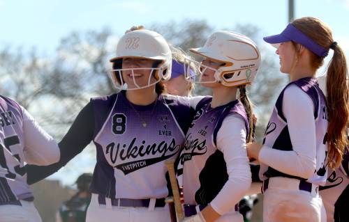 Vincent Massey's Macey McIvor (8) celebrates a home run during the 2025 high school softball season. (Thomas Friesen/The Brandon Sun)