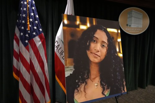A photo of Celeste Rivas Hernandez is displayed Monday, April 20, 2026, in Los Angeles for a press conference regarding the case of singer D4vd, who was charged on suspicion of killing the 14-year-old girl whose dismembered body was found in his car. (AP Photo/Damian Dovarganes)