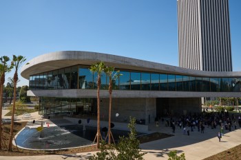 People attend the inaugural ceremony for the David Geffen Galleries at the Los Angeles County Museum of Art on Wednesday, April 15, 2026. (AP Photo/Damian Dovarganes)