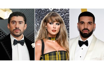 This combination of images show entertainers, from left, Bad Bunny, Taylor Swift and Drake. (AP Photo)