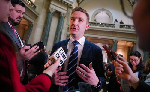 Saskatchewan Health Minister Jeremy Cockrill speaks to reporters after the release of the provincial Saskatchewan budget in Regina, on Wednesday, March 18, 2026. THE CANADIAN PRESS/Heywood Yu