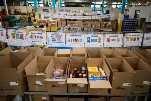 Food donations at the Daily Bread Food Bank’s spring public food sort in Toronto, on Saturday, April 4, 2026. THE CANADIAN PRESS/Sammy Kogan