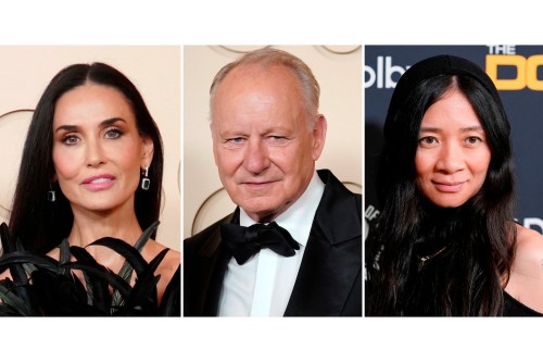 This combination of images show actor Demi Moore, left, actor Stellan Skarsgård, center, and filmmaker Chloé Zhao. (AP Photo)