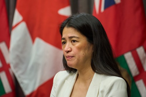 Minister of Labour and Immigration Malaya Marcelino speaks at a press conference in Winnipeg, Friday, May 9, 2025. THE CANADIAN PRESS/David Lipnowski