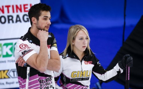 Canada’s Kadriana and Colton Lott scored six in the sixth end en route to a 12-5 win over Scotland at the world mixed doubles curling championship on Tuesday. The Lotts discuss strategy during the Canadian Mixed Doubles Curling Championship final in Calgary, Thursday, March 25, 2021. THE CANADIAN PRESS/Jeff McIntosh