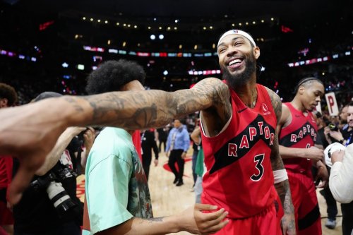 Toronto Raptors forward Brandon Ingram (3) celebrates winning after the end of second half NBA playoff basketball action against Cleveland Cavaliers in Toronto on Sunday, April 26, 2026. THE CANADIAN PRESS/Frank Gunn