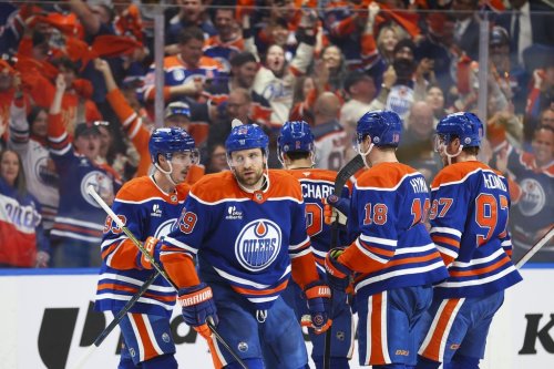 Edmonton Oilers' Leon Draisaitl (29) celebrates a goal against the Anaheim Ducks during second period first round Game 5 NHL playoff action in Edmonton on Tuesday, April 28, 2026. THE CANADIAN PRESS/Codie McLachlan