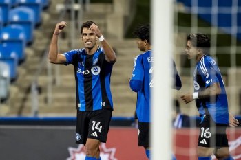 CF Montreal's Daniel Râos (14) celebrates his goal with teammates after scoring against the Calgary Blizzard during first half Canadian Championship soccer action in Montreal, on Wednesday, May 6, 2026. THE CANADIAN PRESS/Christopher Katsarov