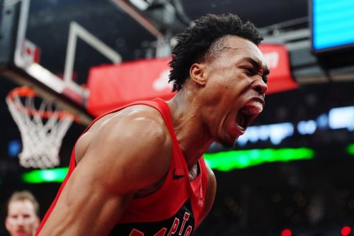 Toronto Raptors' Scottie Barnes (4) celebrates a play against the Cleveland Cavaliers during first half NBA playoff basketball action in Toronto on Friday, May 1, 2026. THE CANADIAN PRESS/Frank Gunn