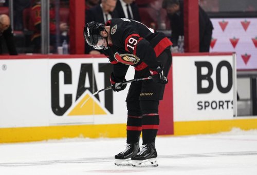 Ottawa Senators' Drake Batherson (19) skates off the ice after the team's loss to the Carolina Hurricanes in NHL playoff hockey action in Ottawa, on Thursday, April 23, 2026. THE CANADIAN PRESS/Justin Tang