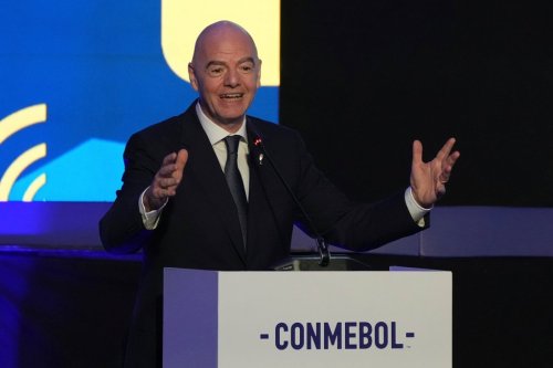 FIFA President Gianni Infantino addresses delegates during a CONMEBOL Congress in Quito, Ecuador, Thursday, April 23, 2026. (AP Photo/Dolores Ochoa)