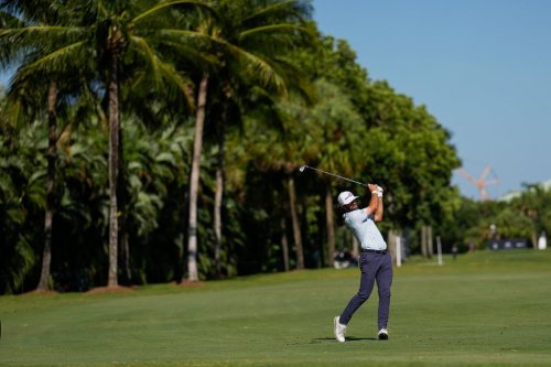 Cameron Young hits from the 14th fairway during the third round of the Cadillac Championship PGA golf tournament Saturday, May 2, 2026, in Doral, Fla. (AP Photo/David J. Phillip)