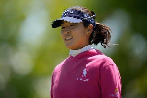 Andrea Lee reacts after sinking her putt on the ninth green during the first round of the Mizuho Americas Open LPGA golf tournament, Thursday, May 7, 2026, in West Caldwell, N.J. (AP Photo/Seth Wenig)