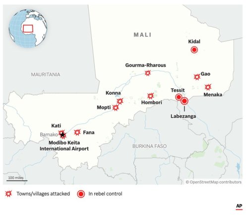 The image above shows the country of Mali and the towns there which have come under recent attack and some overtaken by Islamic militants. (AP Digital Embed)